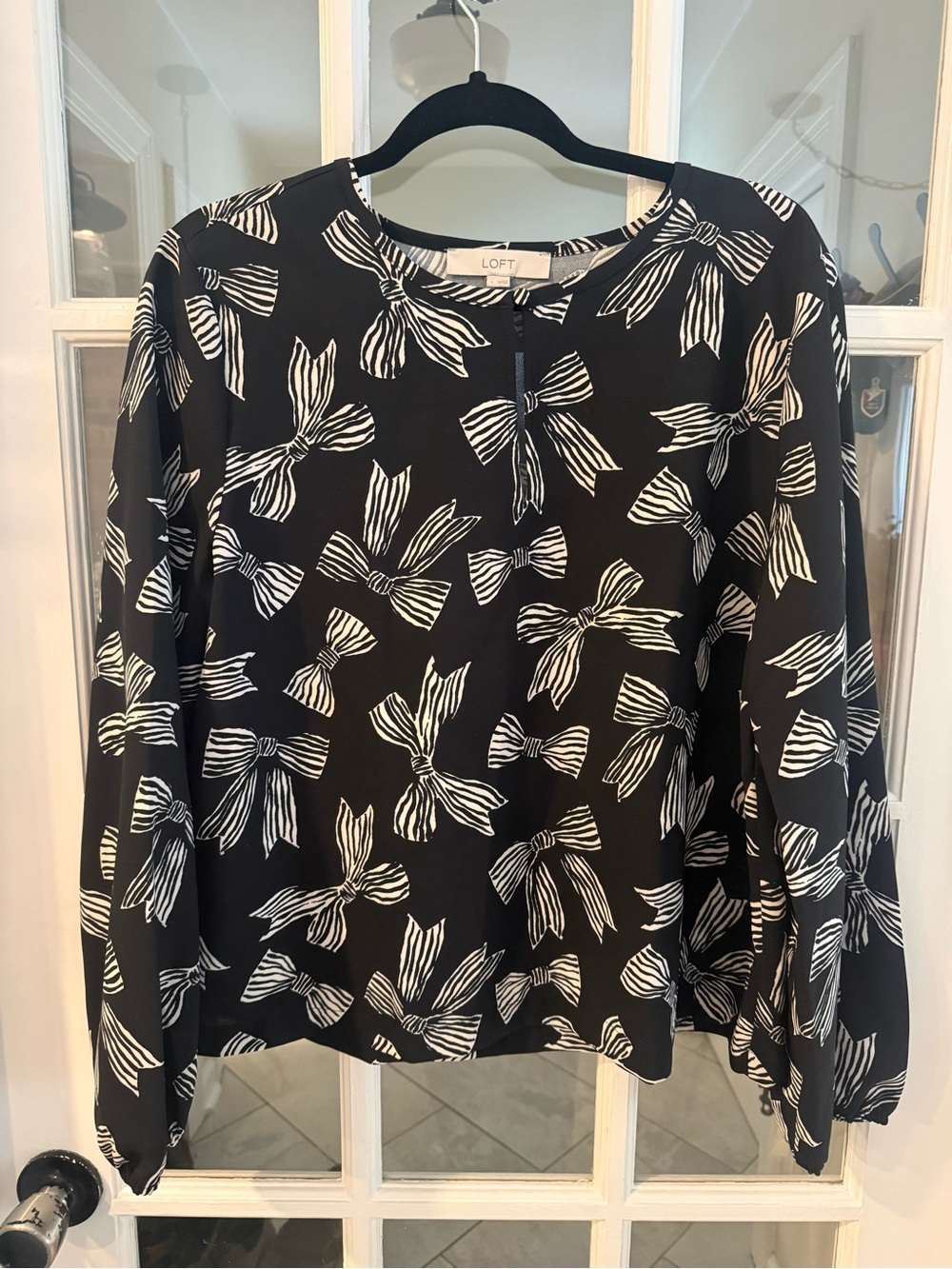 LOFT Black Long-Sleeve Blouse with White Bow Print